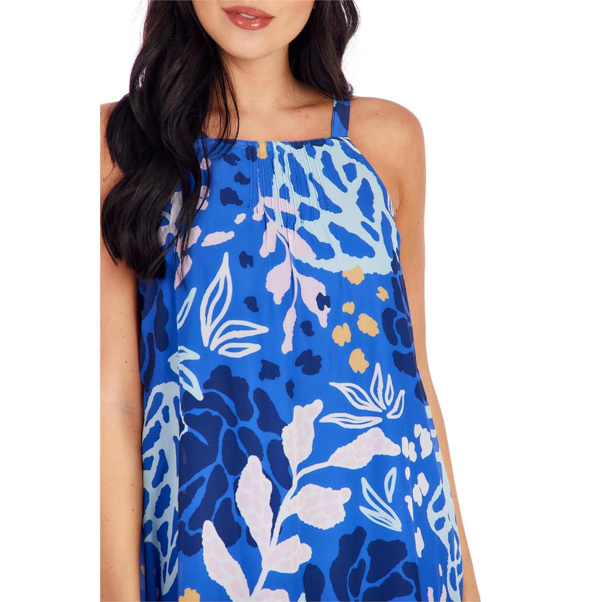 Kallie Blue Leaf Floral Tie Neck Dress