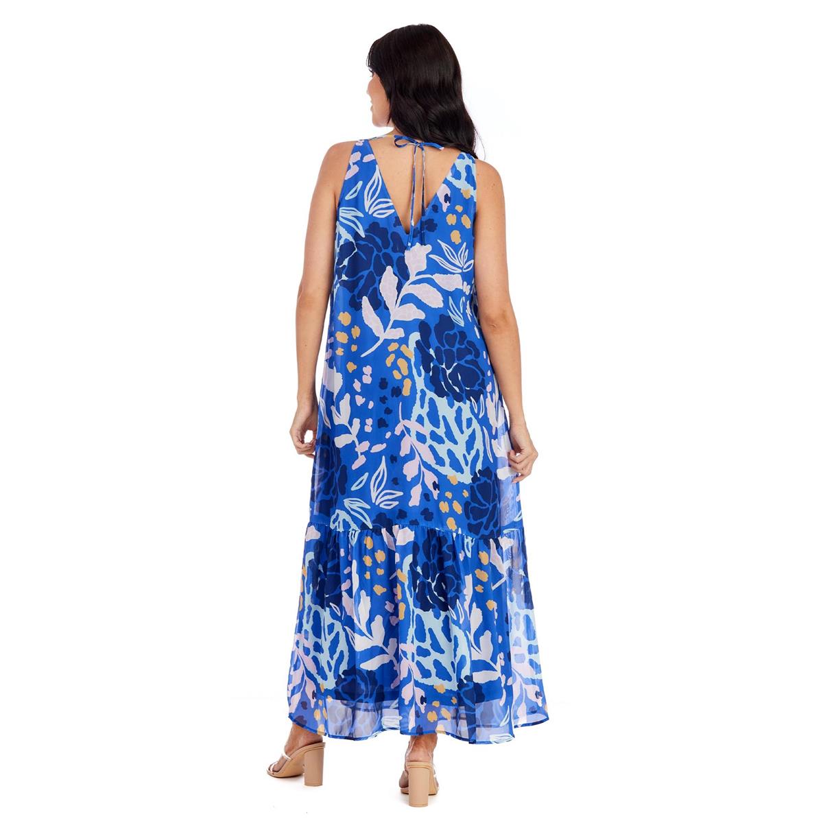 Kallie Blue Leaf Floral Tie Neck Dress