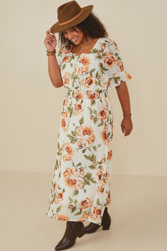 Floral Smocked Waist Square Neck Dress