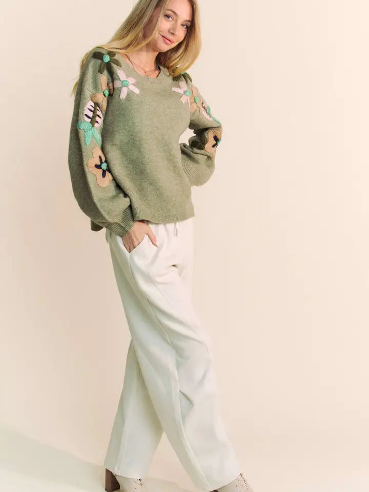 Floral Embroidered Ballon Sleeve Sweater