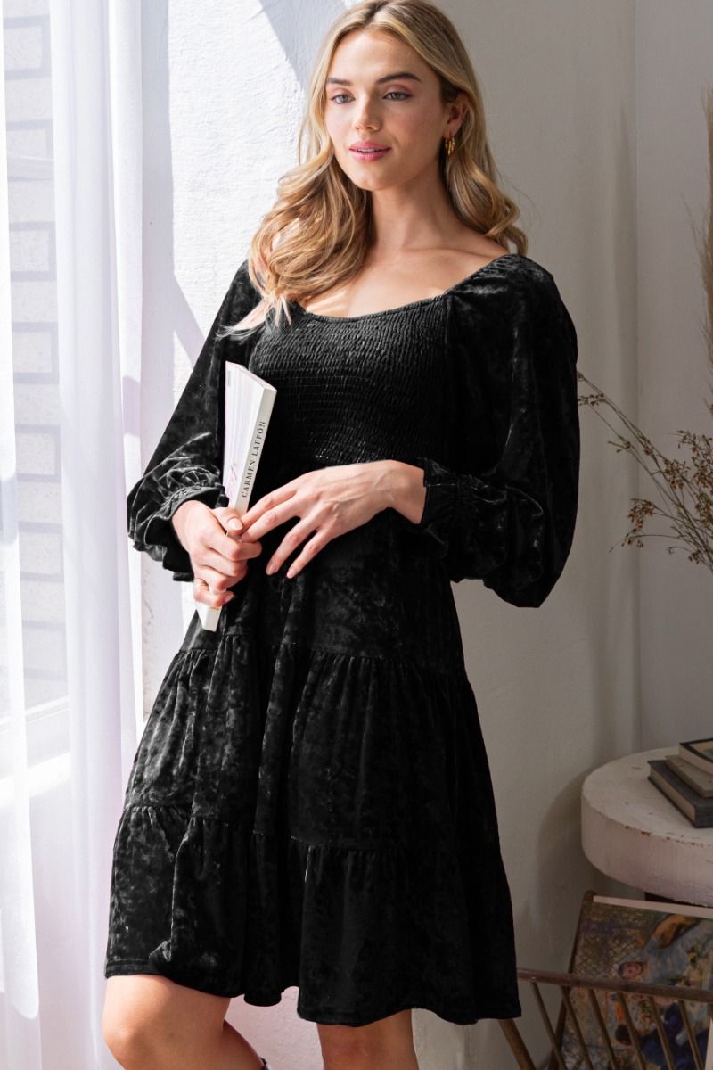 Scoop Neck Smocked Bodice Velvet Long Sleeve Dress