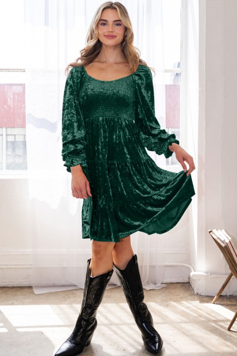 Scoop Neck Smocked Bodice Velvet Long Sleeve Dress