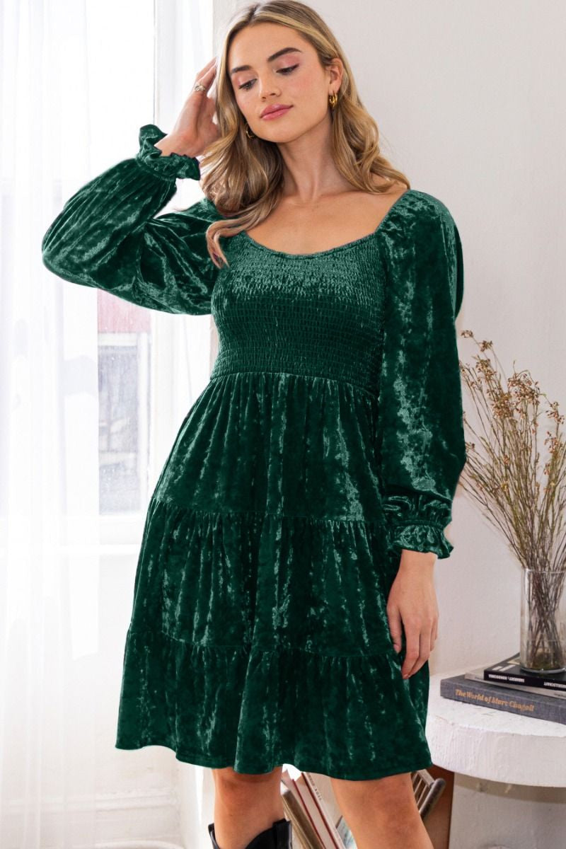 Scoop Neck Smocked Bodice Velvet Long Sleeve Dress