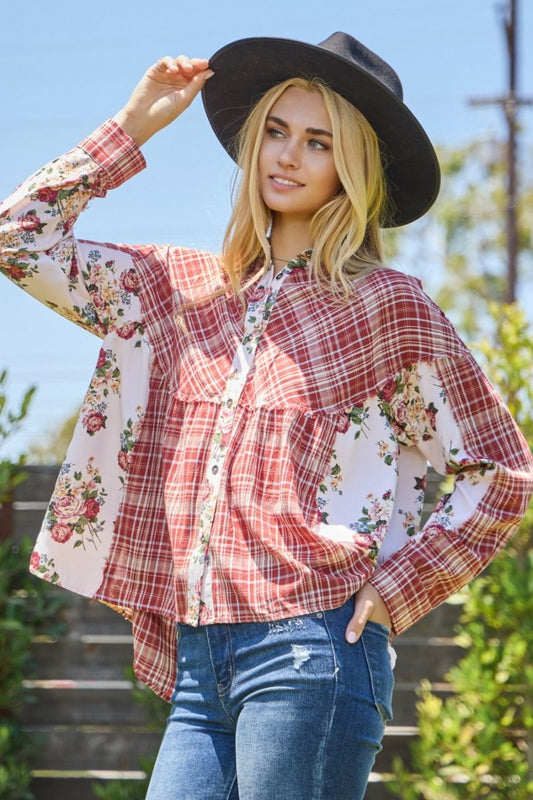 Plaid & Floral Print Button Down Blouse