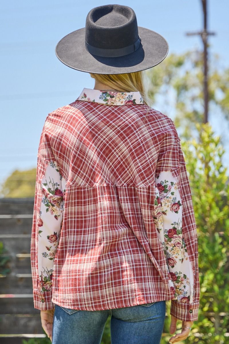 Plaid & Floral Print Button Down Blouse