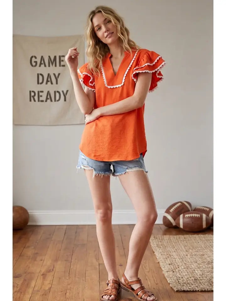 Ruffle Sleeve Scallop Trim Top