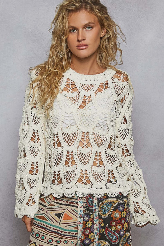 Round Neck Long Sleeve Crochet Top