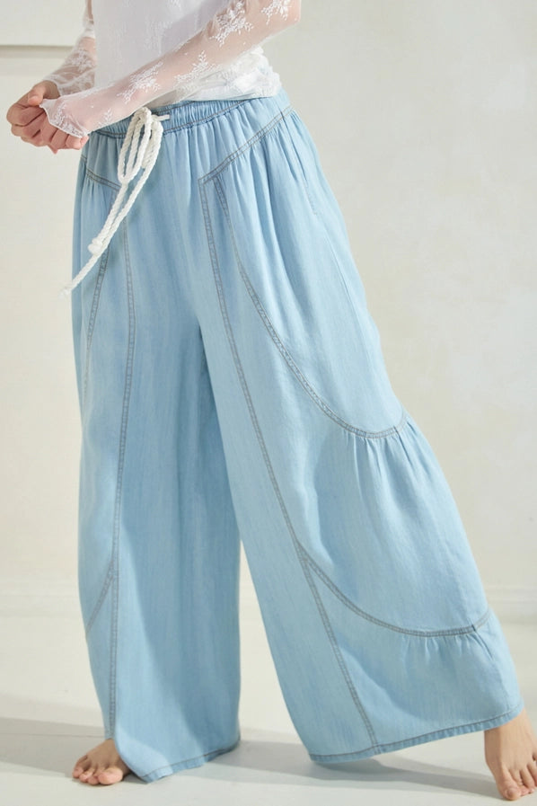Chambray Denim Wide Palazzo Pant