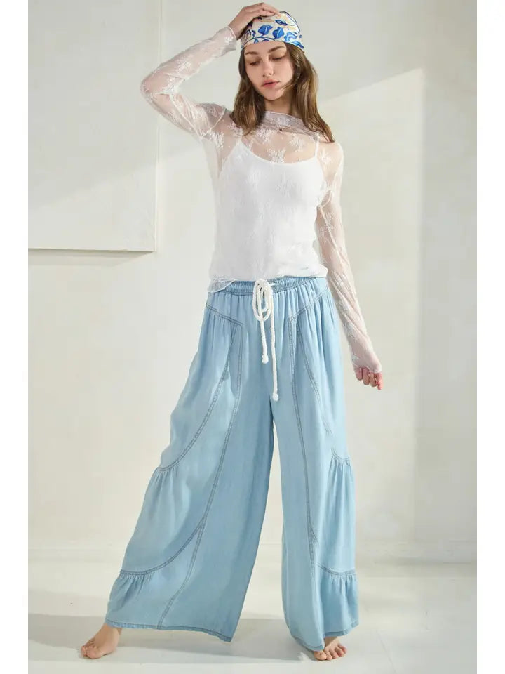 Chambray Denim Wide Palazzo Pant