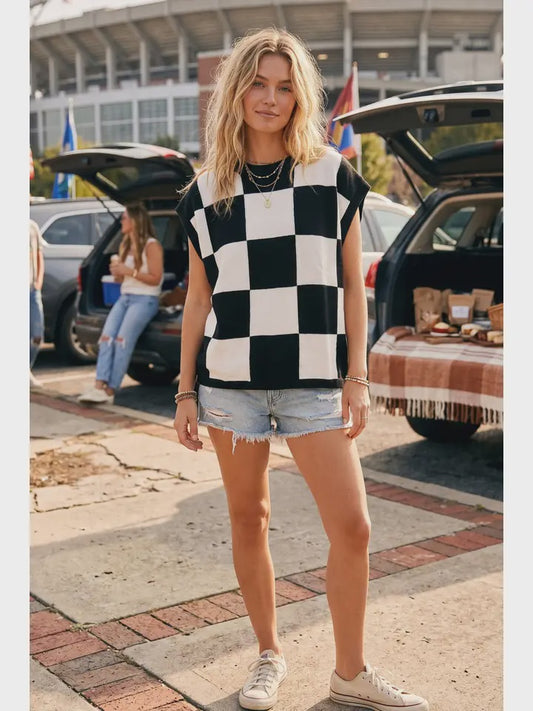 Checkered Knit Sleeveless Top