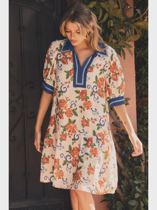 Floral Tiered Blue Trim Dress