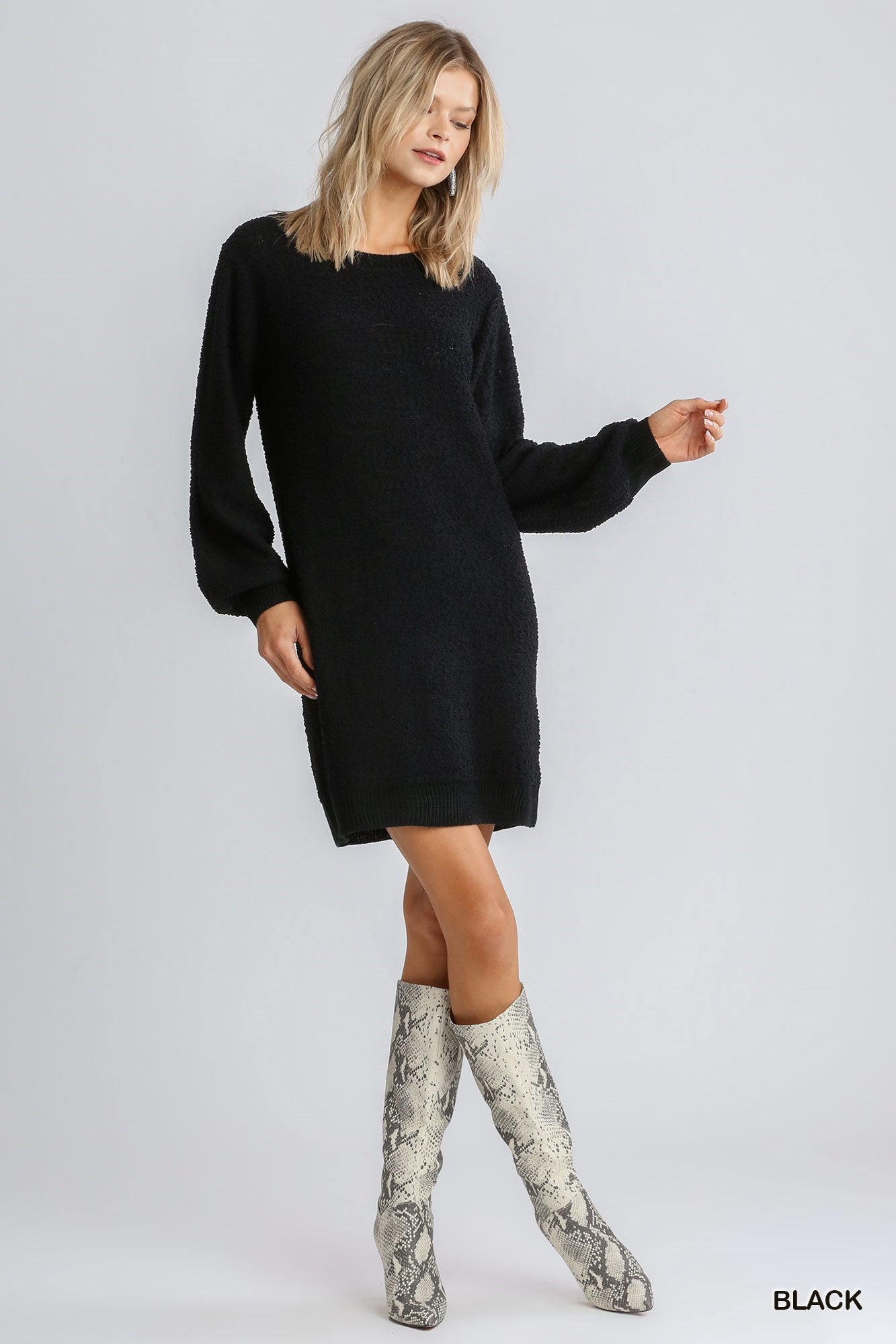 Fuzzy Sweater Dress w/ Balloon Sleeve