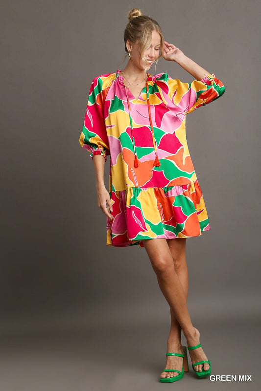 Abstract Print Ruffle Neck