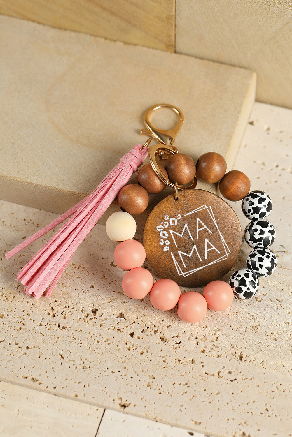 MAMA Wood Circle Leopard Keychain