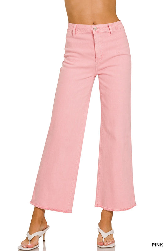 Acid Washed Frayed Cut Off Hem Wide Pant