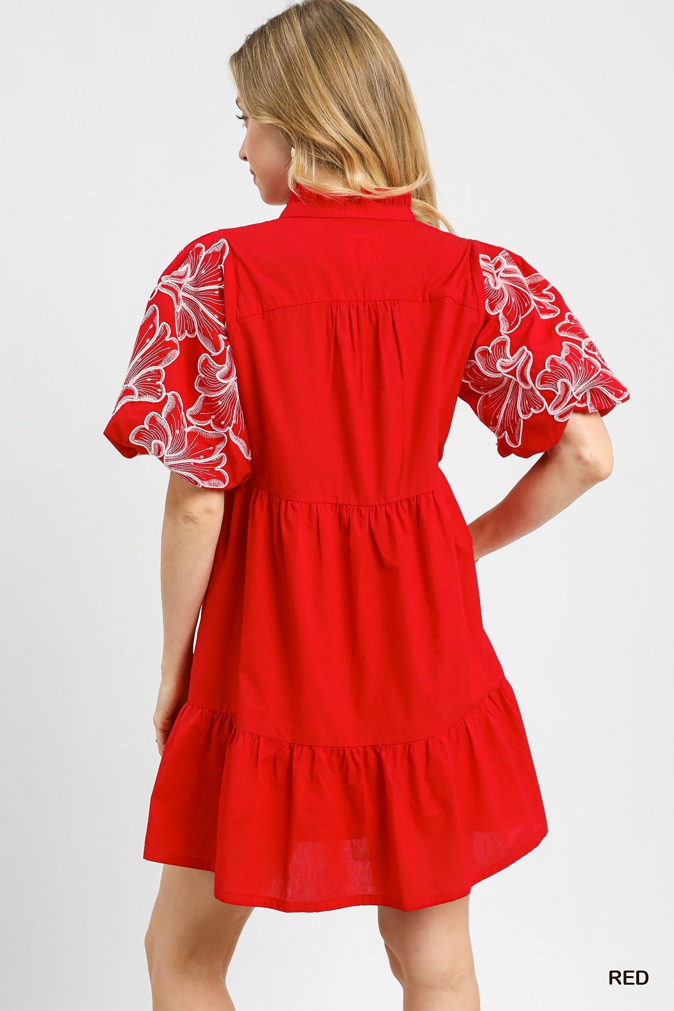 Embroidered Puff Sleeve Tiered Mini Dress