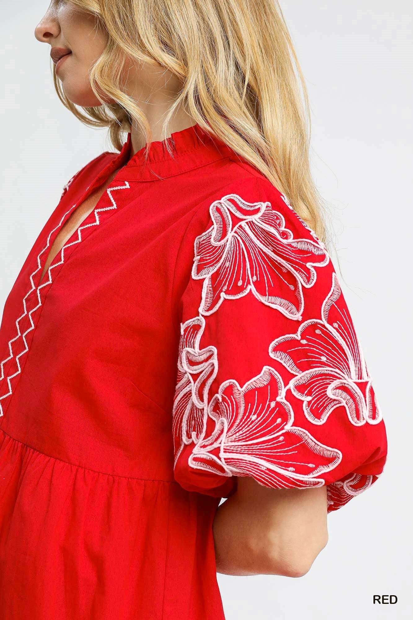 Embroidered Puff Sleeve Tiered Mini Dress