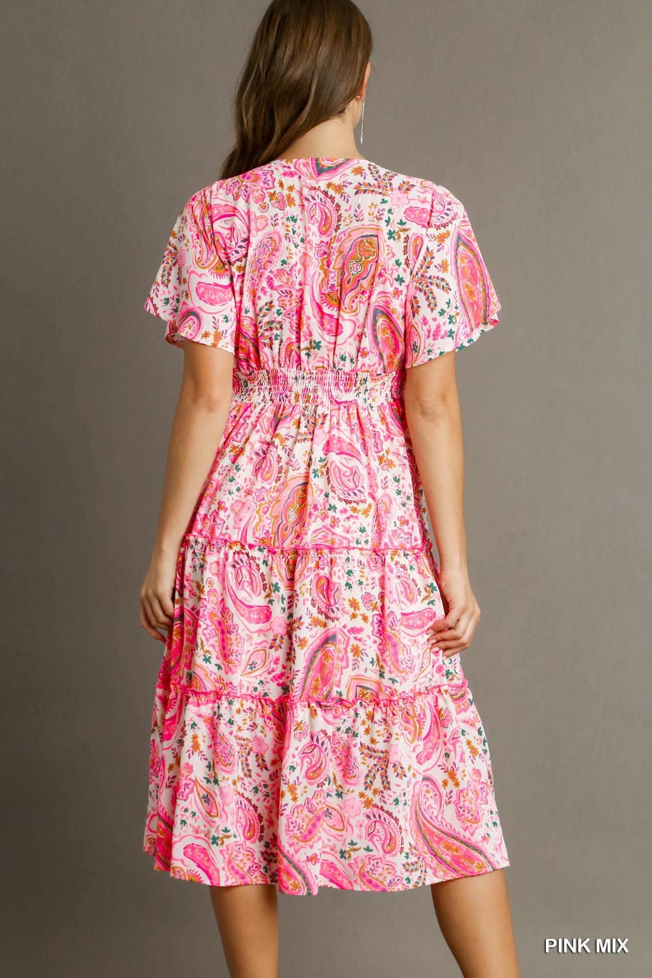 Tiered V-Neck Paisley Print Midi Dress