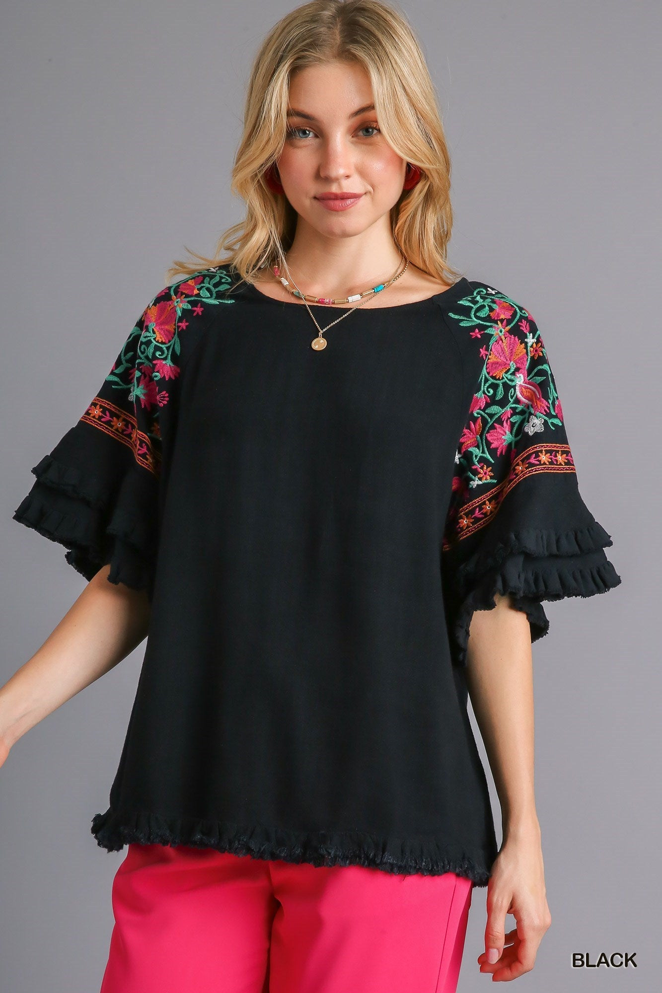 Black Embroidered Short Sleeve Linen Top