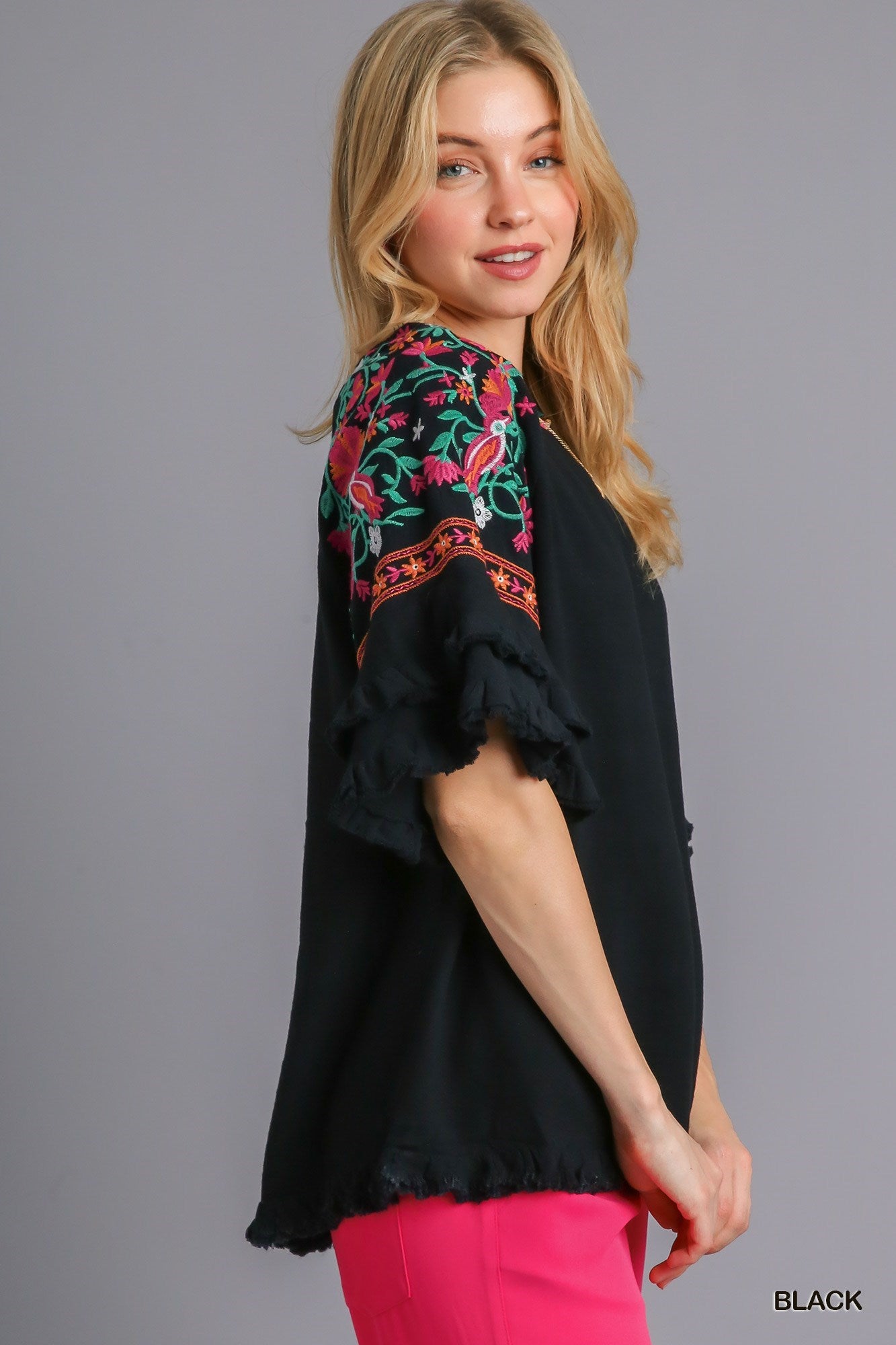 Black Embroidered Short Sleeve Linen Top