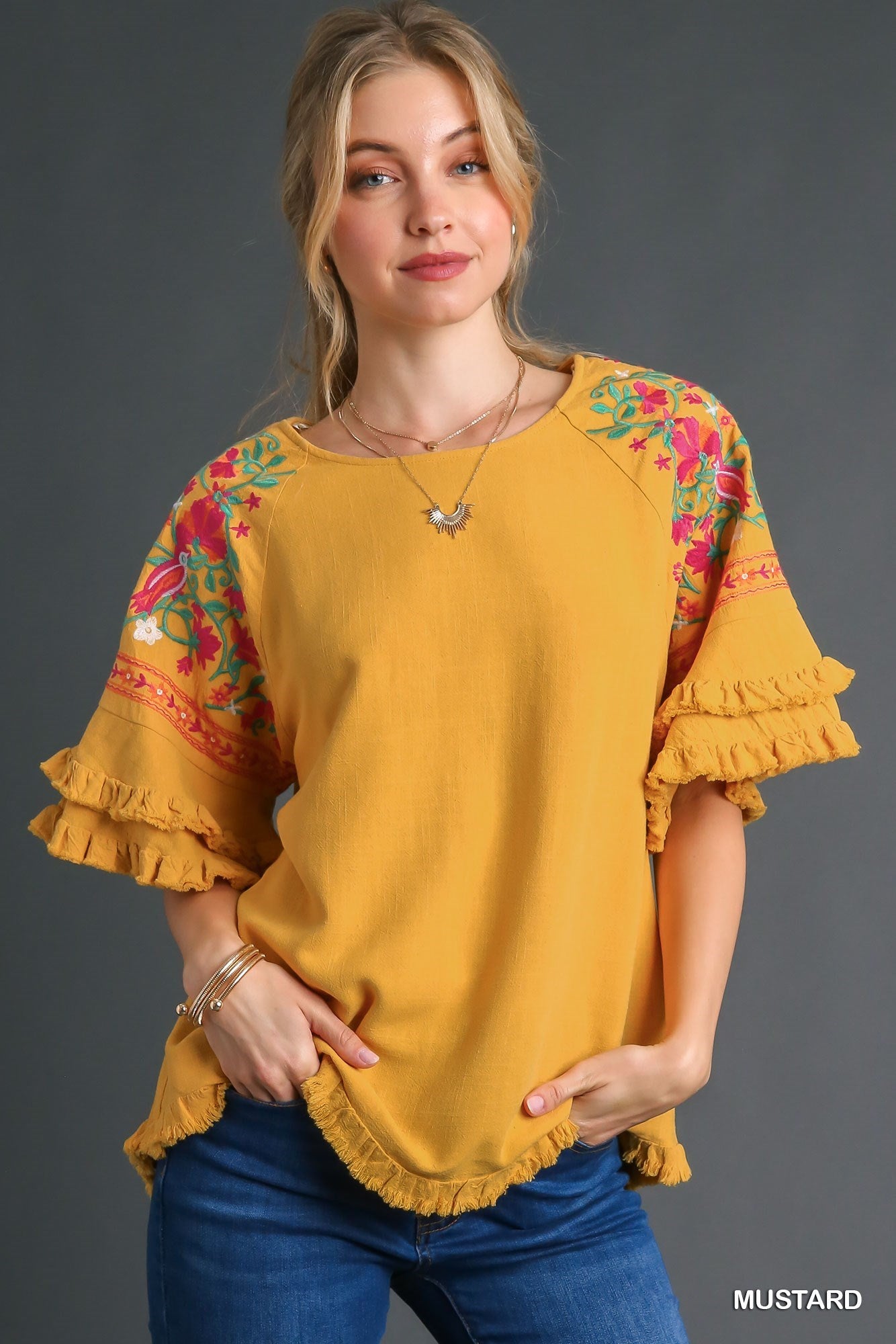 Mustard Linen Embroidered Blouse