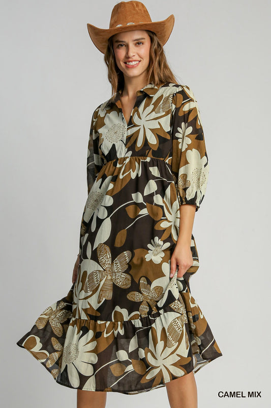 Floral Abstract print tiered  camel Mix Dress