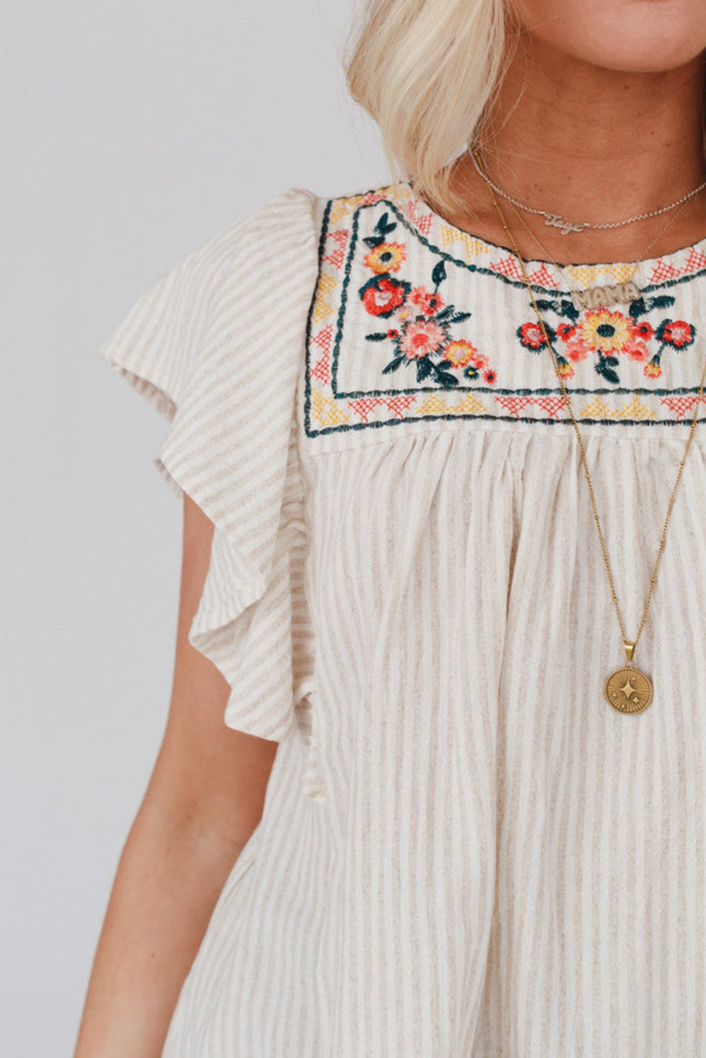 Striped Ruffle Sleeve Embroidered Blouse