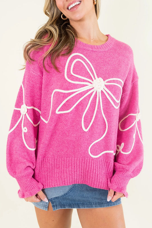 Bright Pink Corded Flower Bow Sweater