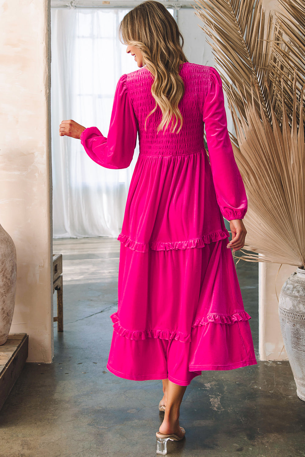 Hot Pink Velvet Smocked Midi Dress