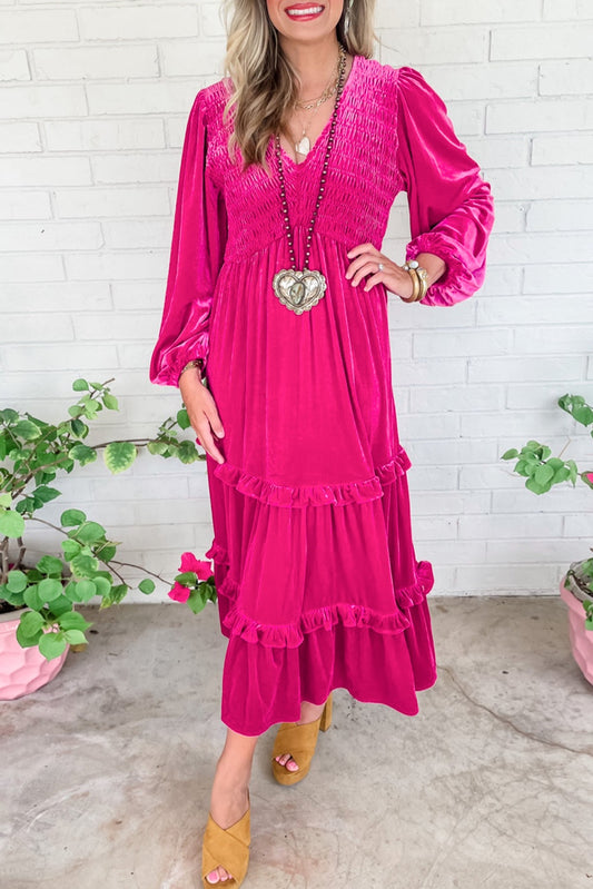 Hot Pink Velvet Smocked Midi Dress