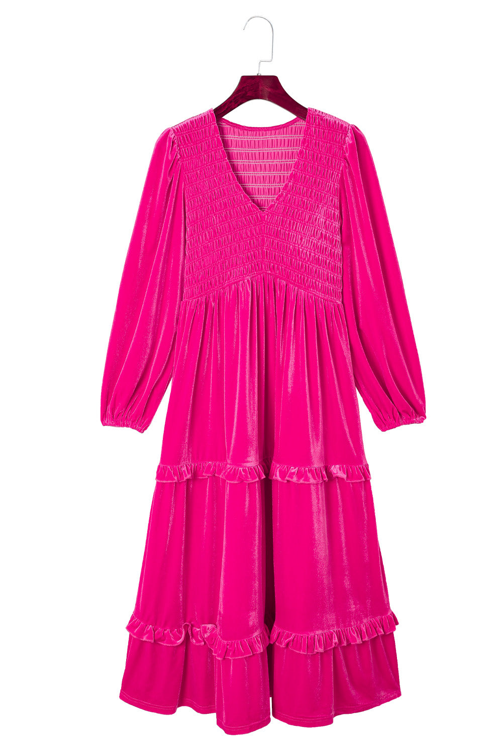 Hot Pink Velvet Smocked Midi Dress