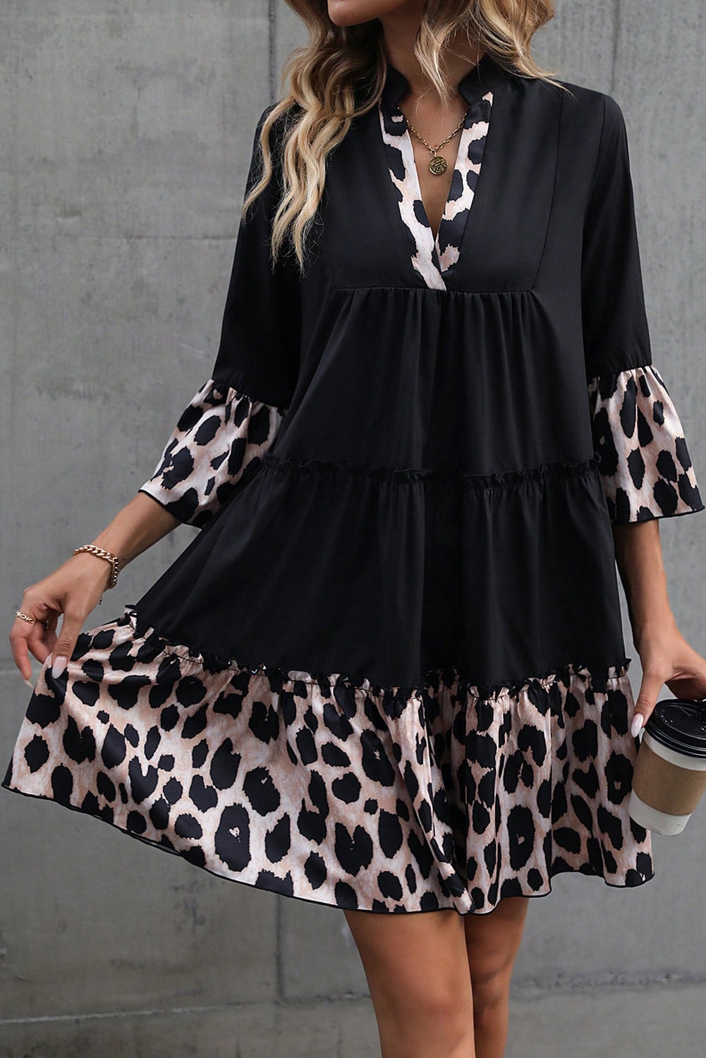 Black Leopard Trim V-Neck Ruffle Dress