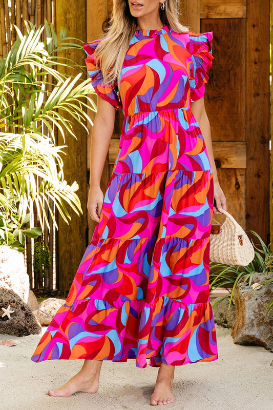 Abstract Print High Neck Ruffle Sleeve Tiered Dress