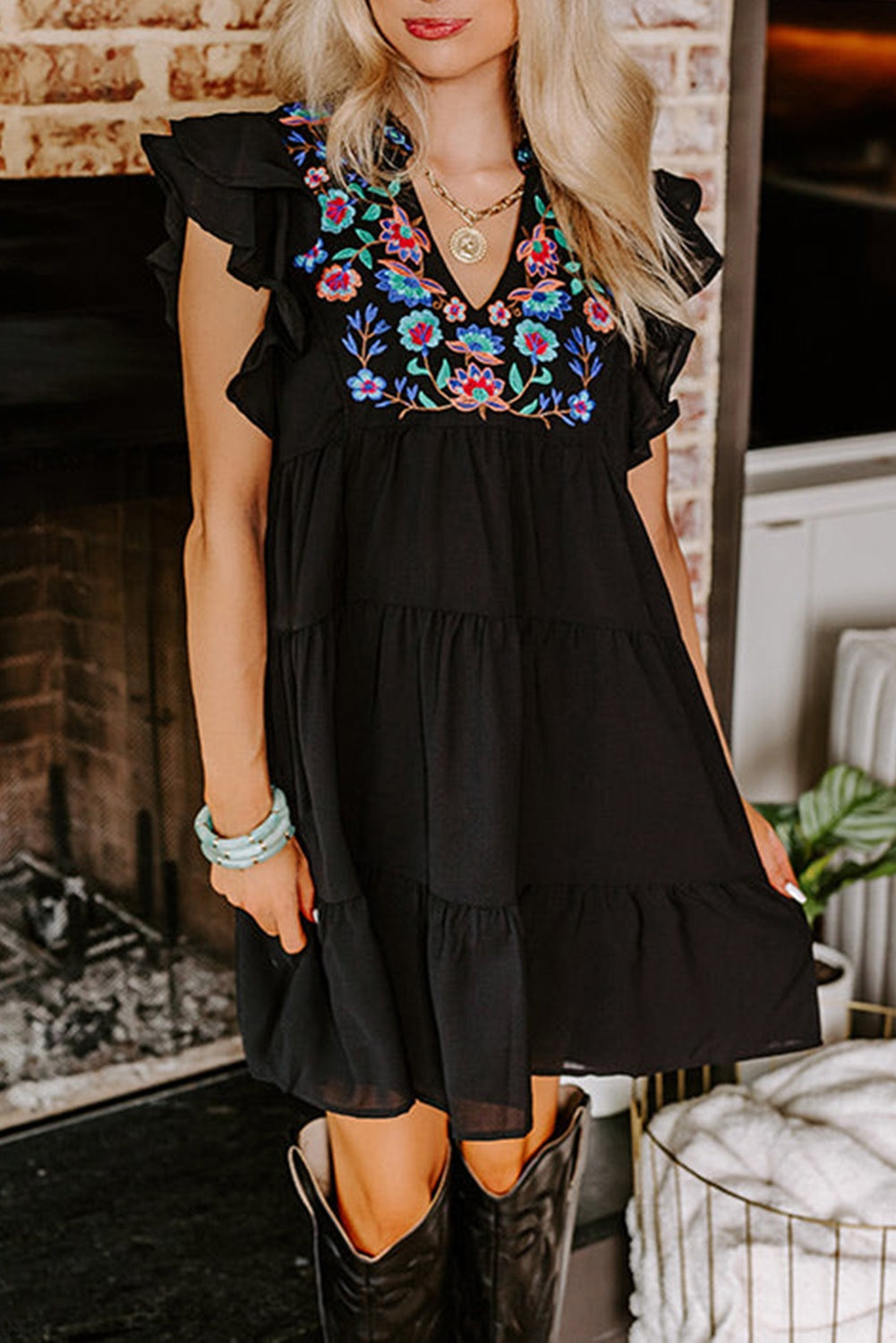 Black Floral Embroidered V-Neck Ruffle Sleeve Dress