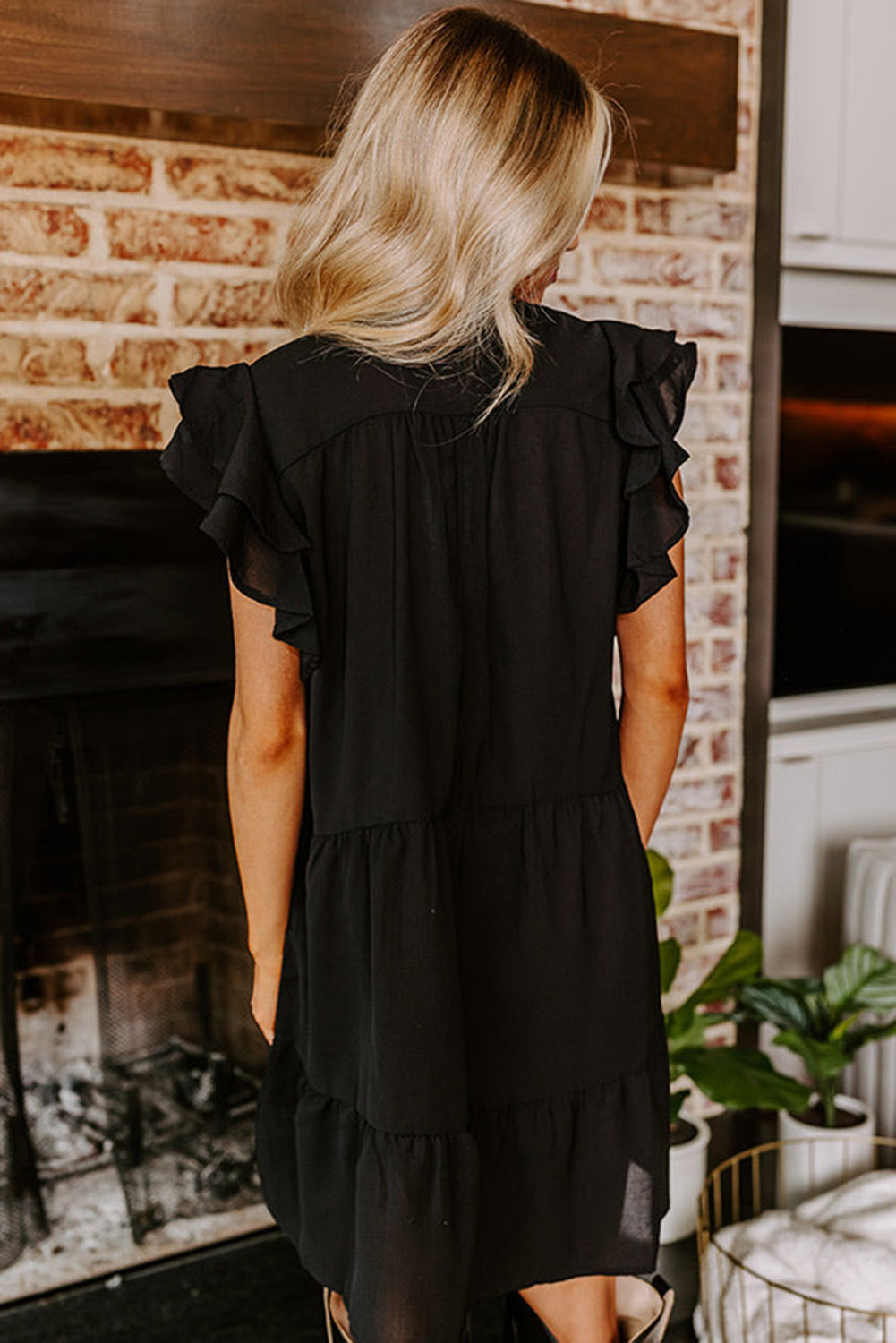 Black Floral Embroidered V-Neck Ruffle Sleeve Dress