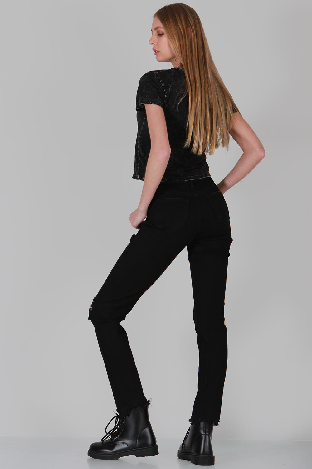 High Rise Black Relaxed Skinny Distressed Jean
