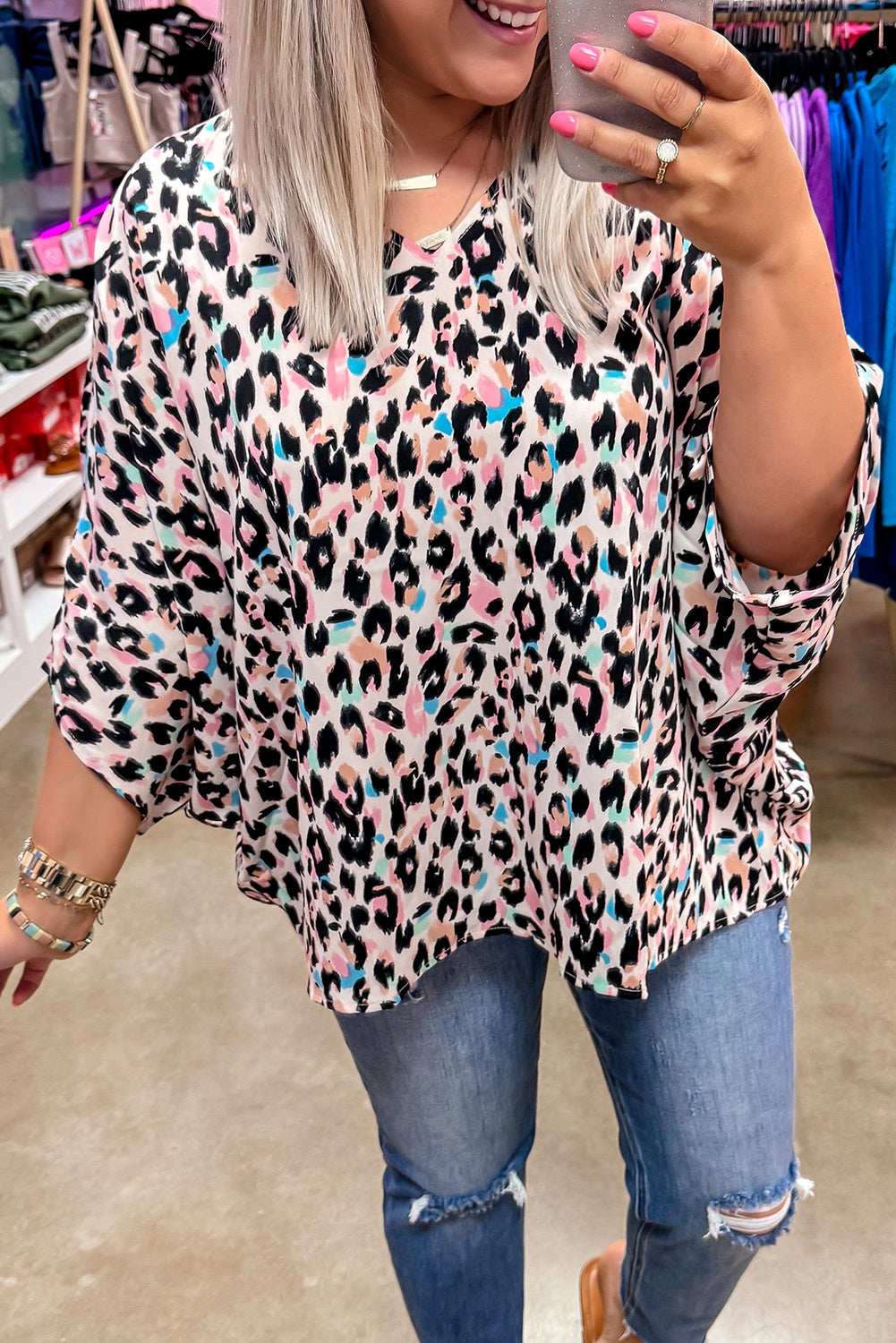 Leopard Print V-Neck Batwing Top