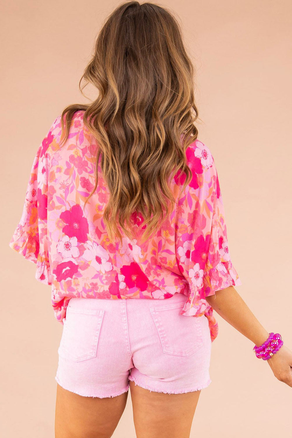 Pink Floral Ruffle Sleeve Babydoll Blouse