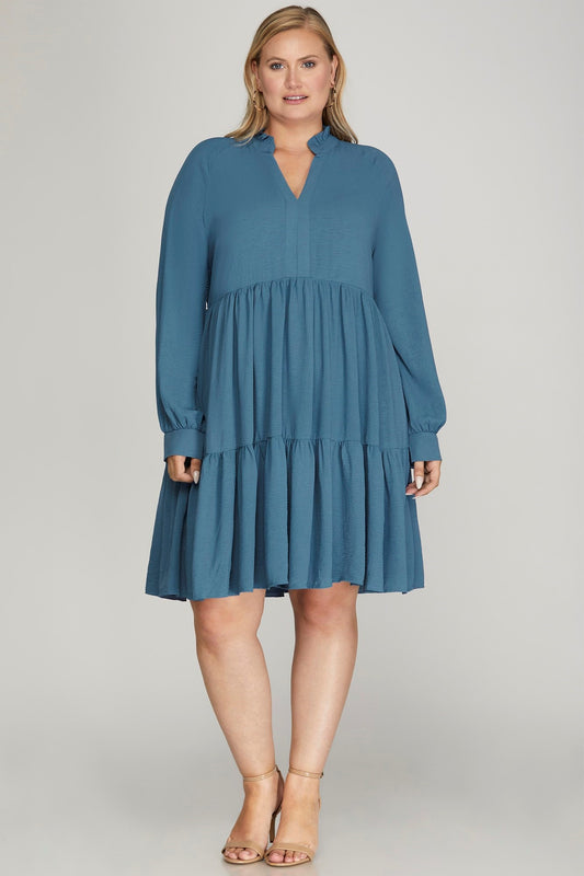 Long Sleeve V-Neck Tiered Woven Dress