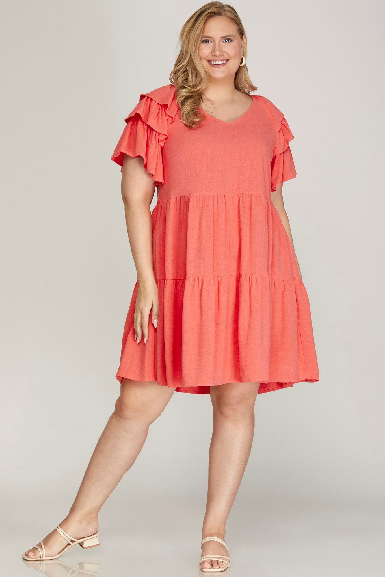 Ruffle Sleeve V-Neck Tiered Woven Dress w/ Pockets