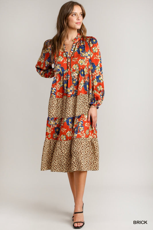 Satin Floral Mixed Print Midi Dress