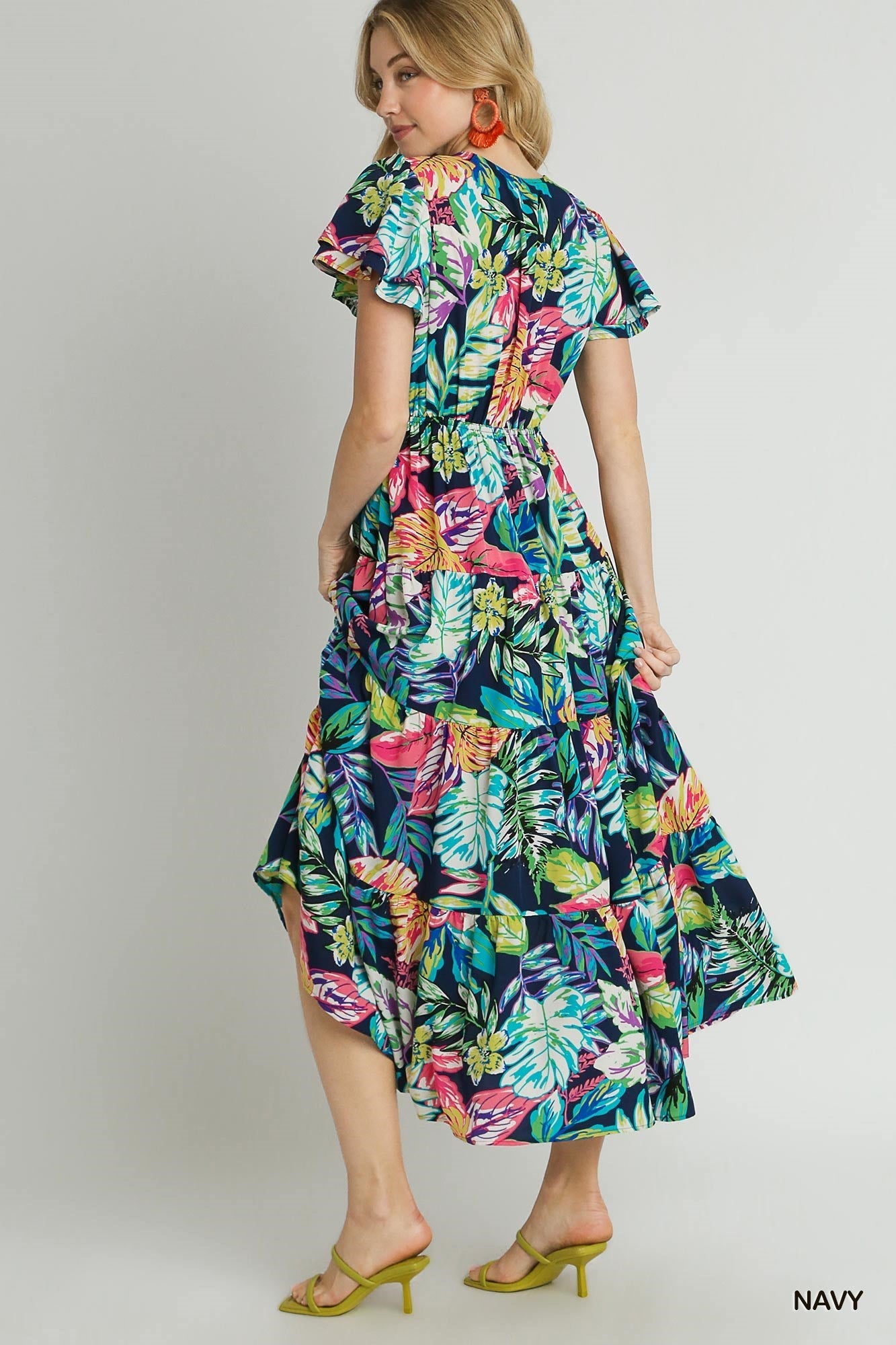 Floral Mixed Print V-Neck Tiered Midi Dress