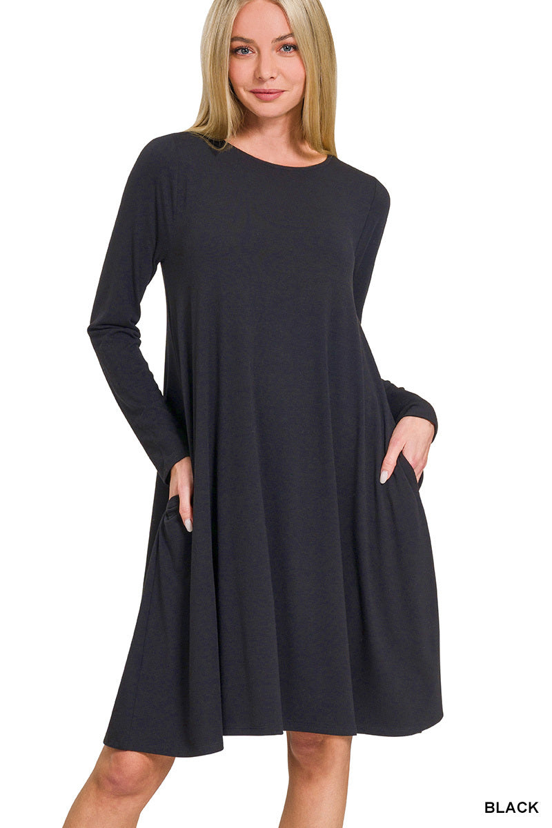 Long Sleeve Flare Dress w/ Pockets