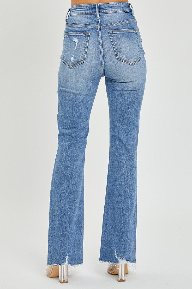 High Rise Distressed Knee Flare Jeans