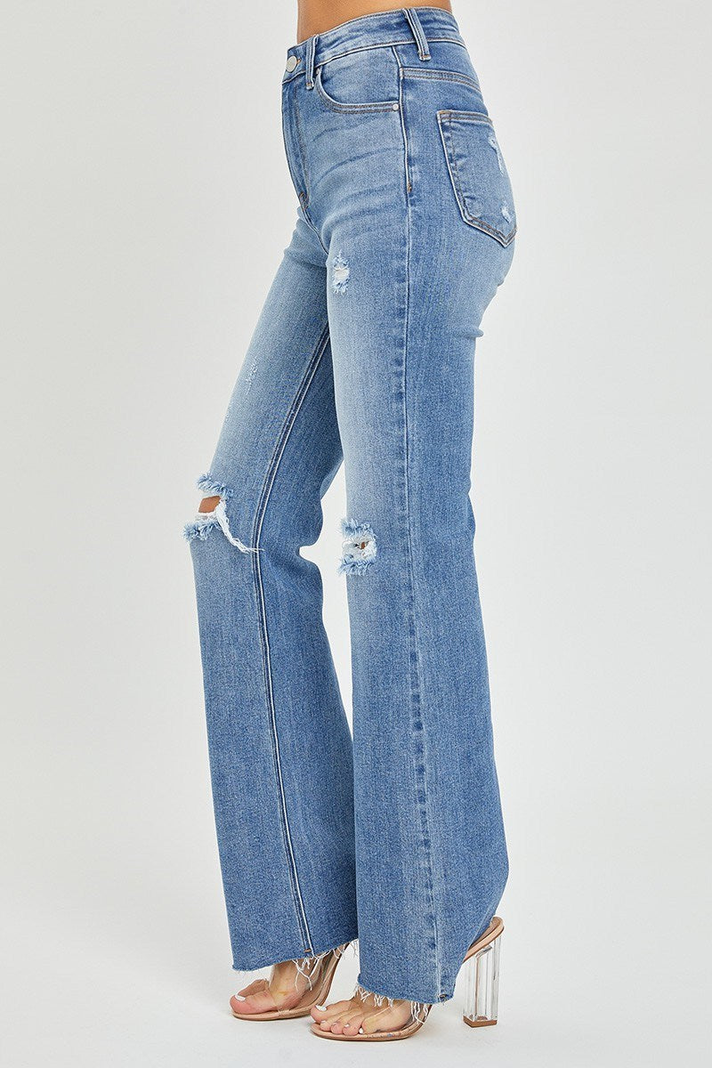 High Rise Distressed Knee Flare Jeans