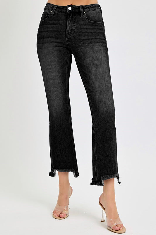 Black Mid-Rise Crop Bootcut Uneven Hem Jeans