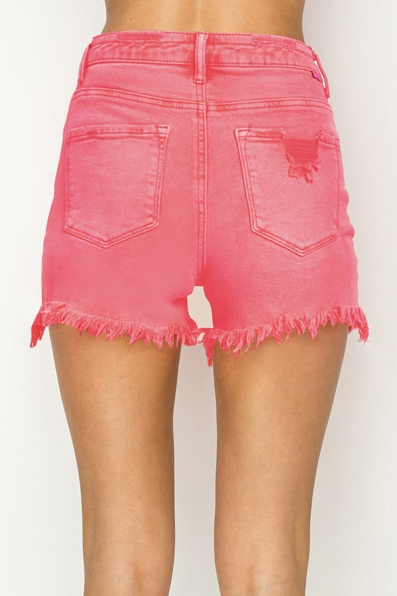 Hot Pink High Rise Distressed Shorts