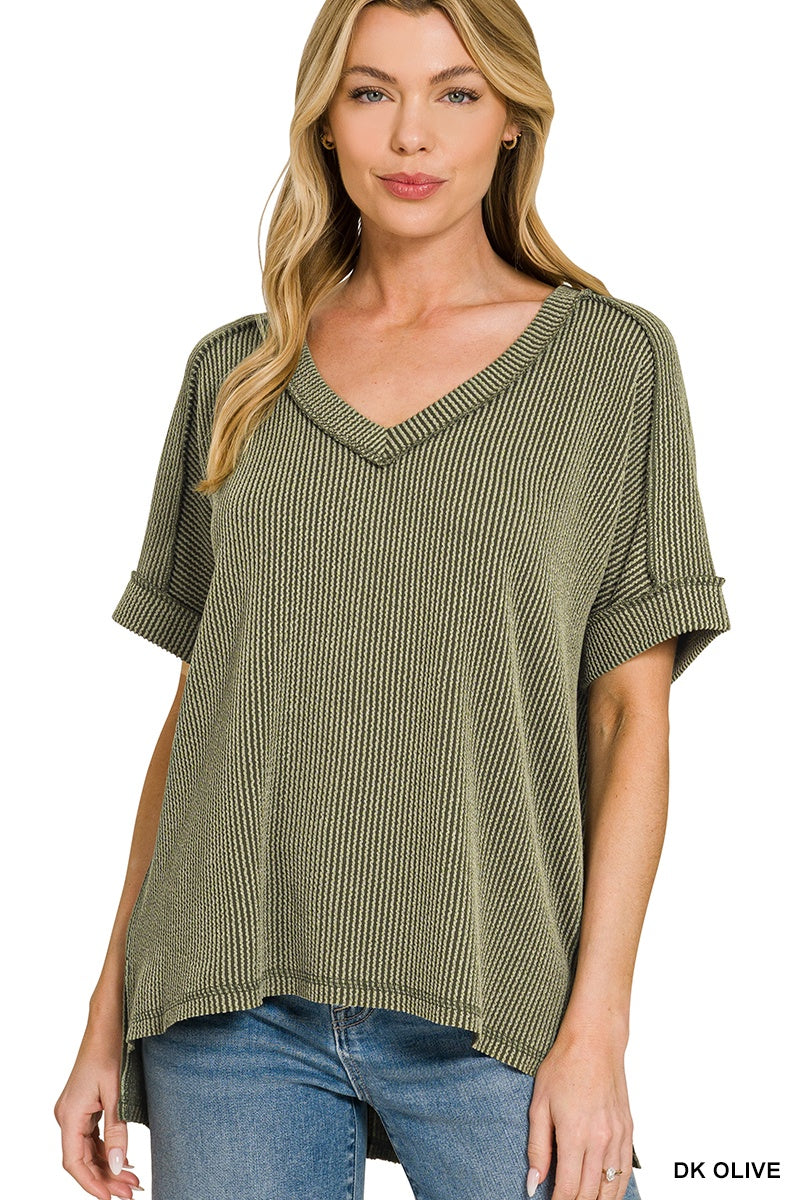 Raised Rib HI-LOW v neck top