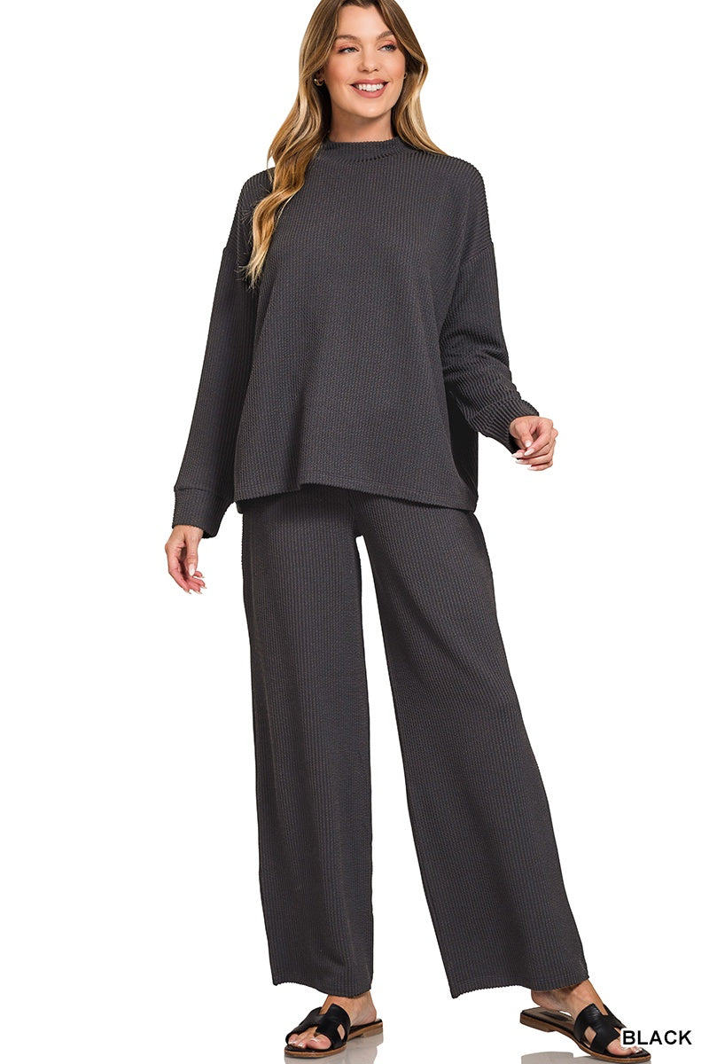 Raised Ribbed Mock Neck Long Sleeve Pant Set