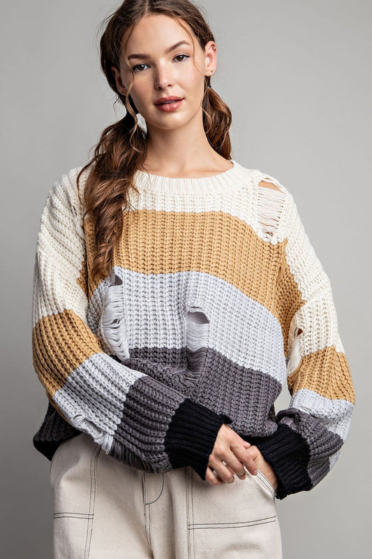 Stripe Crochet Knit Distressed Sweater